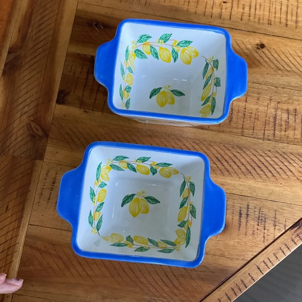 Ceramic Lemon Pattern Rectangular Baking Dishes with Blue Rim - Set of 2
